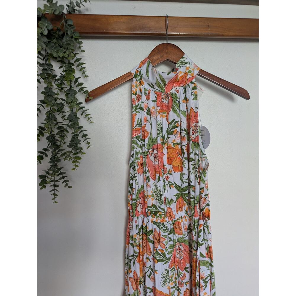 Petal & Pup Floral Halter Maxi Dress in White with Orange & Green Size 6 - Picture 2 of 6